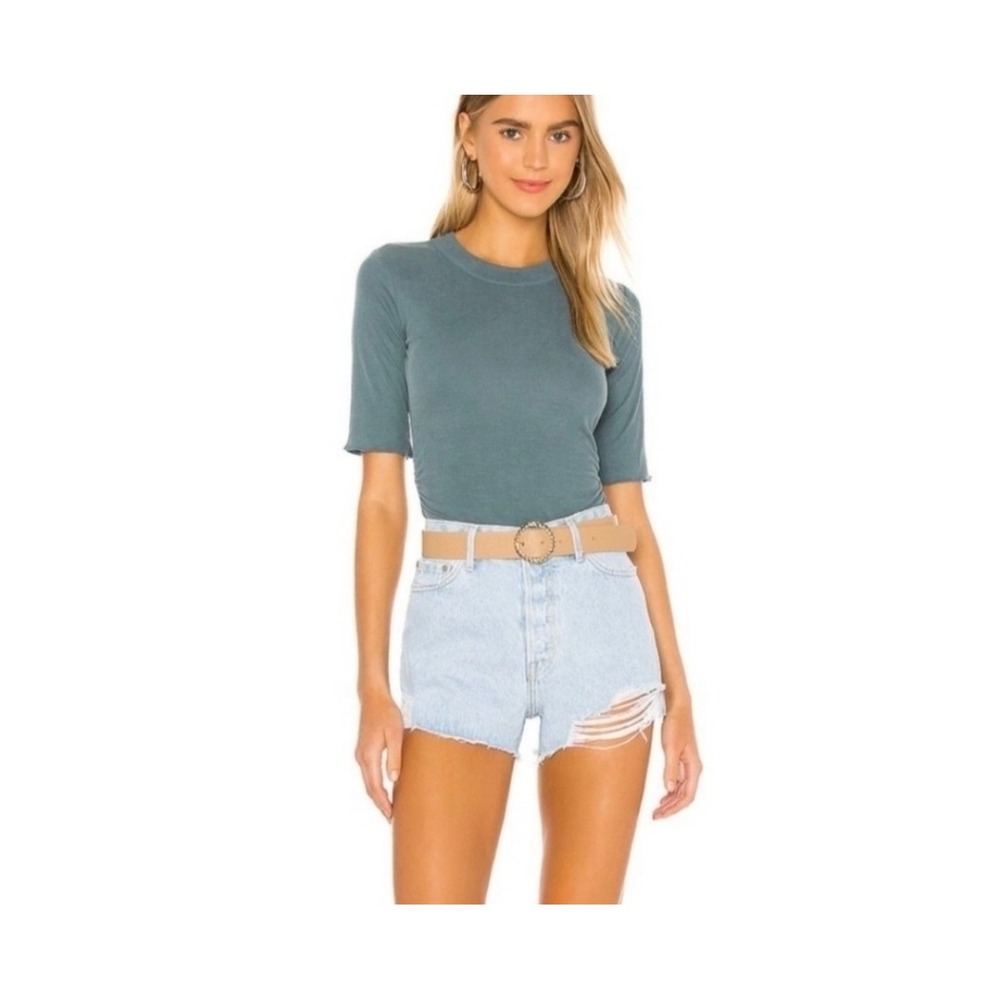 Intimately Free People Talk To Me Ruched Ribbed Top Teal Fitted‎ Shirt XS